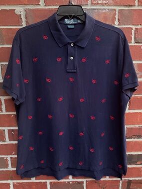 Vintage Polo Ralph Lauren XXL Navy Custom Fit All Over Crawfish Polo Shirt F8